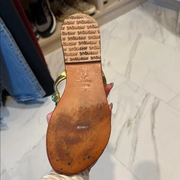 Mystique Boutique Women's Gold and Green Embellished Sandals - Picture 4 of 7